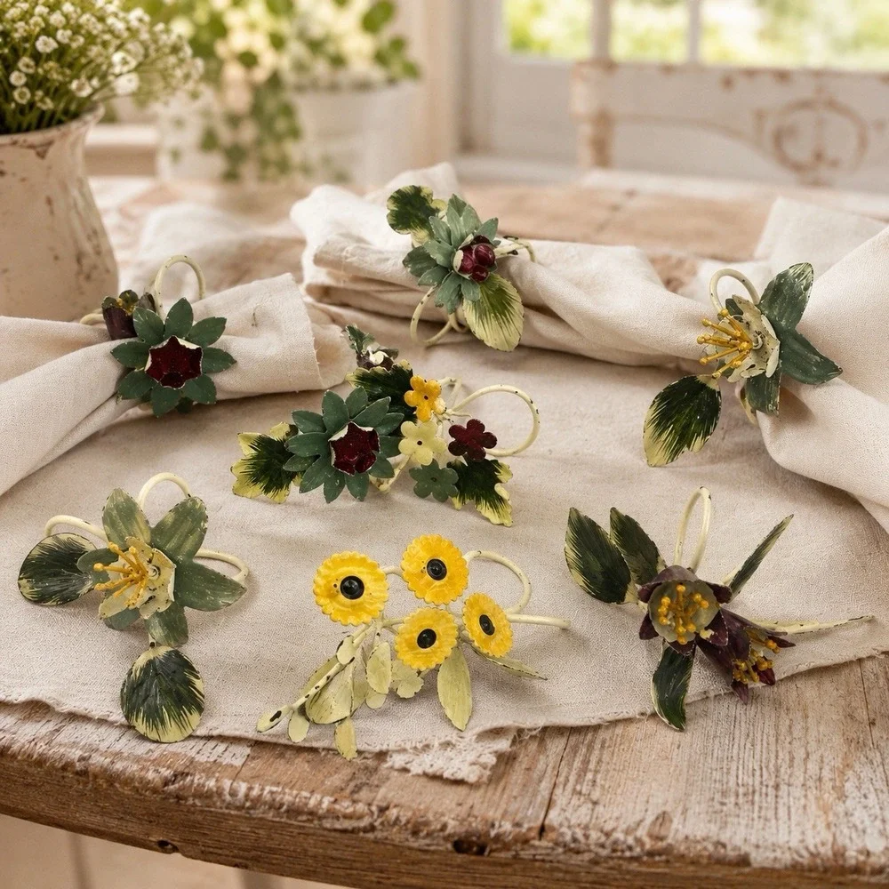 Vintage Toleware Hand Painted Metal Floral Napkin Rings Holders Set of 8 Cottage